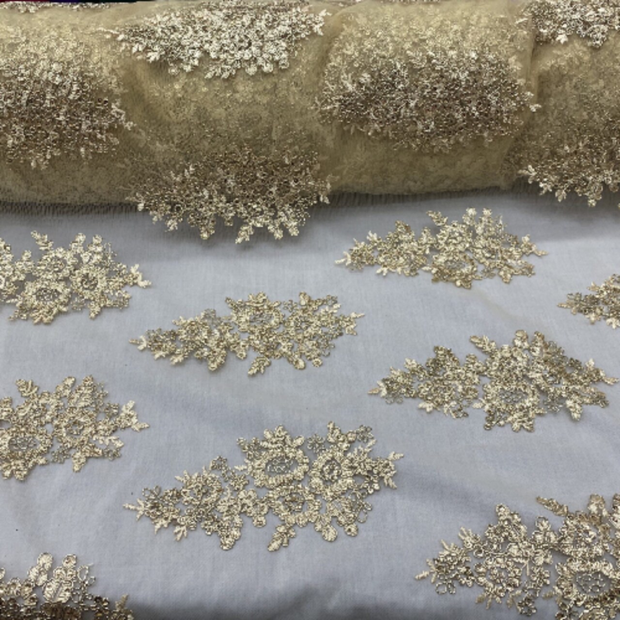 1 Yard Gold Sequin Lace Fabric 100% Polyester Floral Embroidered Mesh, 51” Wide for Dresses, Decor & Special Occasions